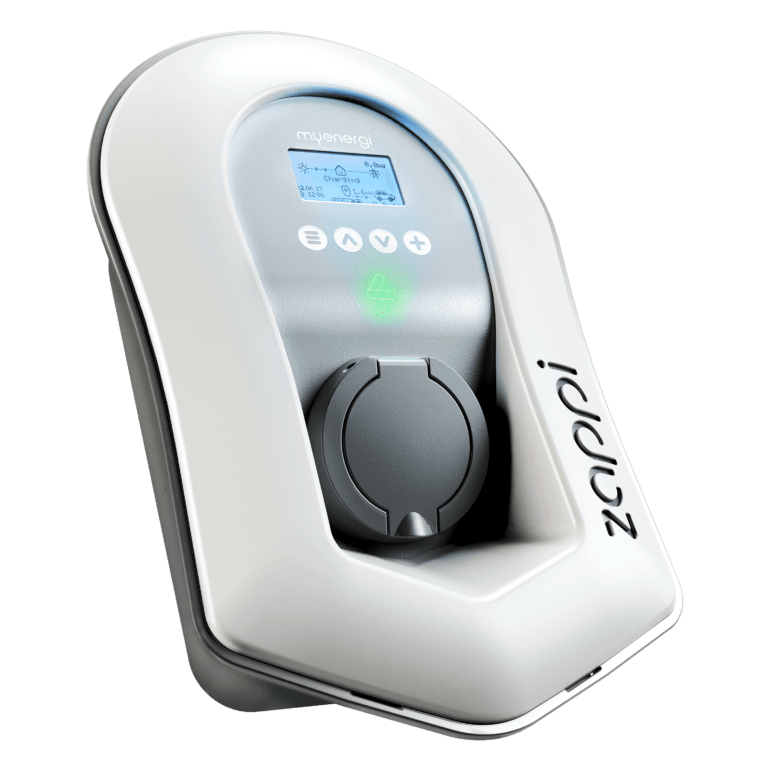 A photo of a white untethered zappi