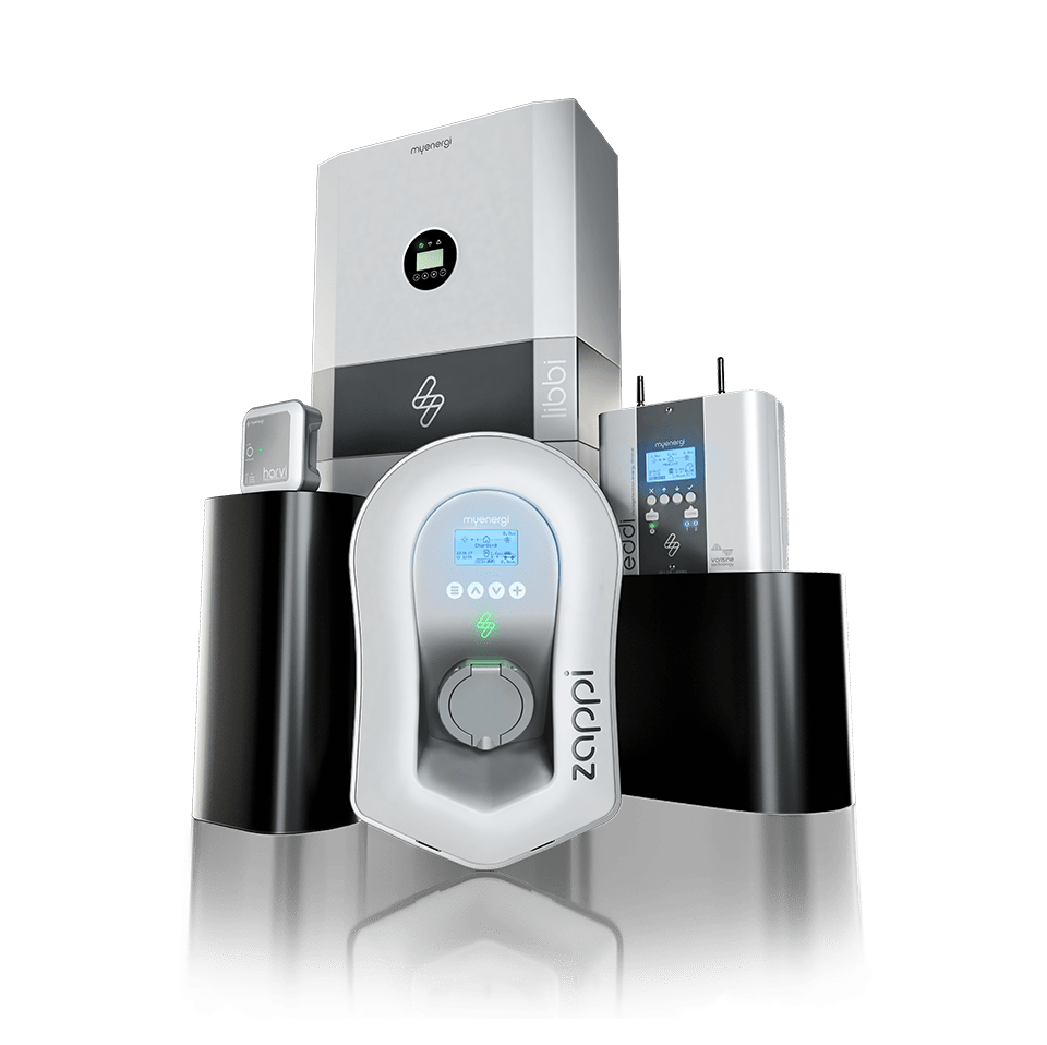 Myenergi product family consisting of: zappi EV charger, eddi solar diverter, libbi home battery and harvi wireless CT sensor