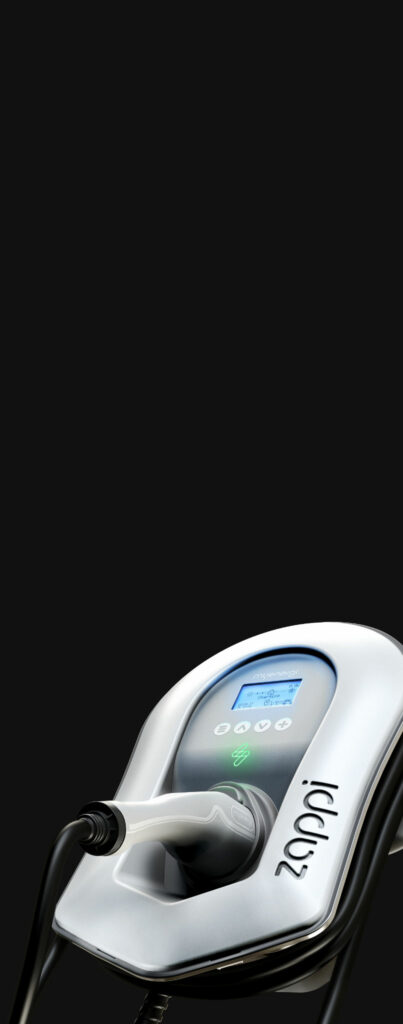 a white zappi EV charger on a black background